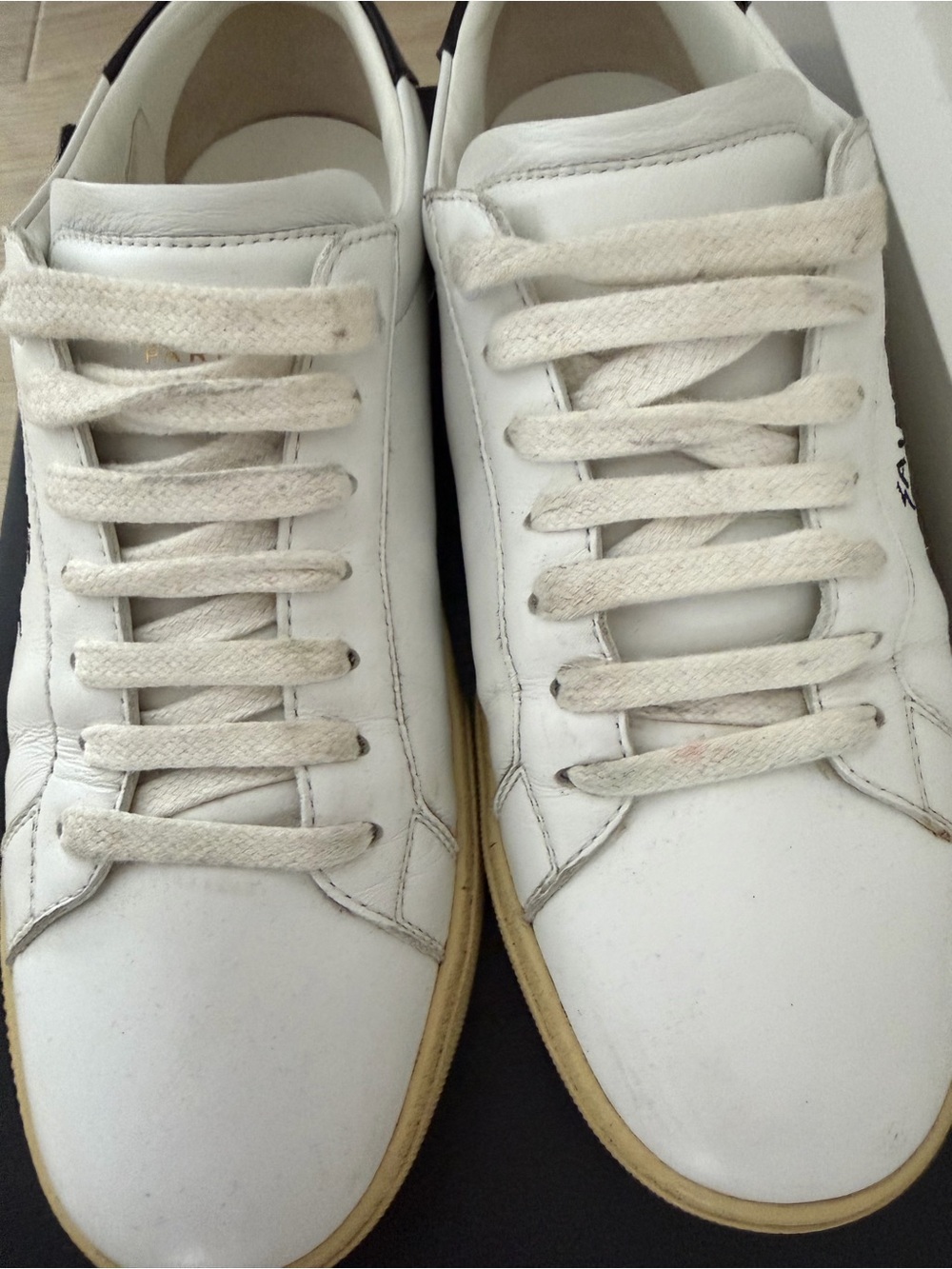 Saint Laurent White Leather Sneakers with Black Heel Tab and Cream Sole - Picture 6 of 7